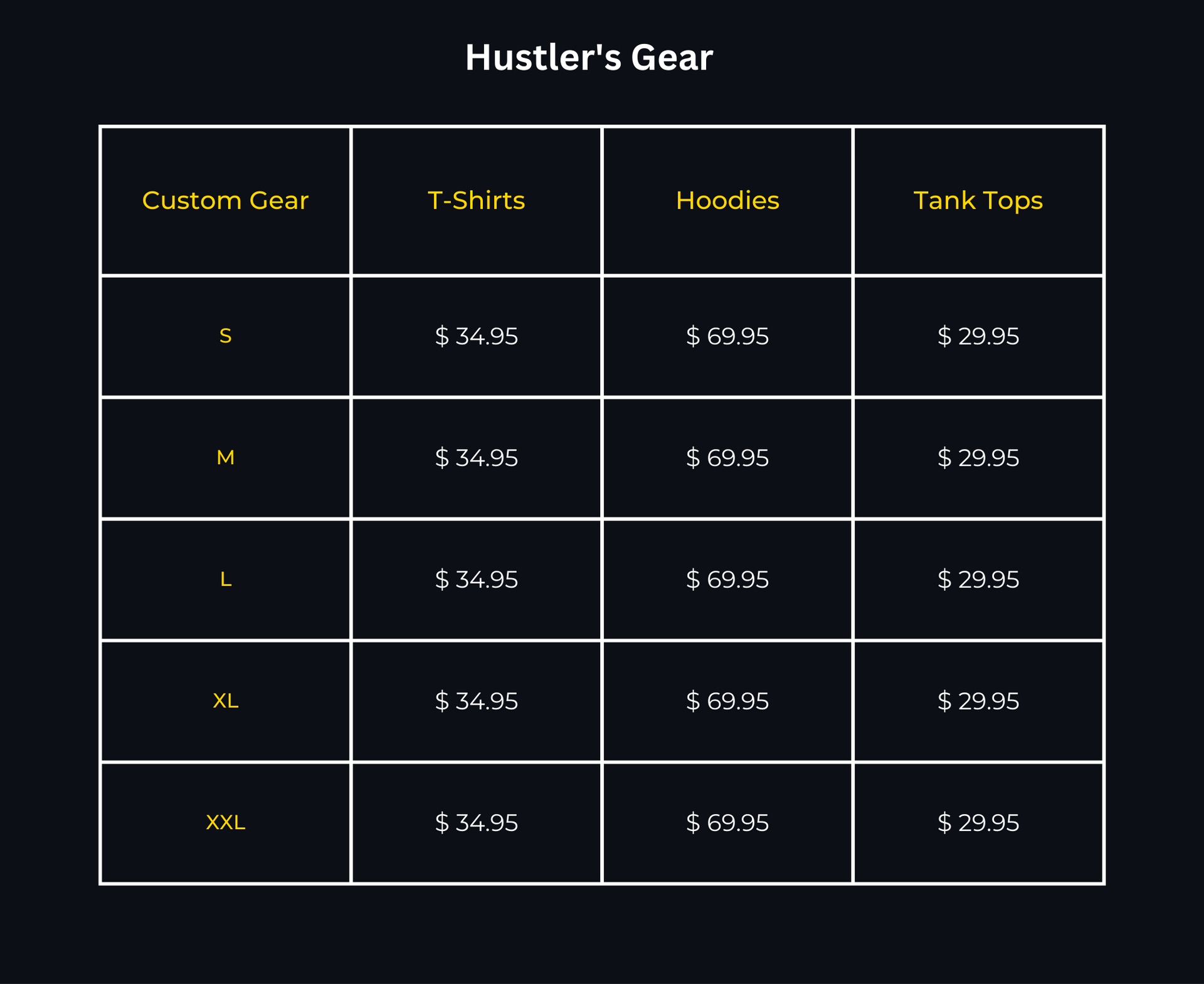Custom Motivational Cloothing Table with prices and sizes
