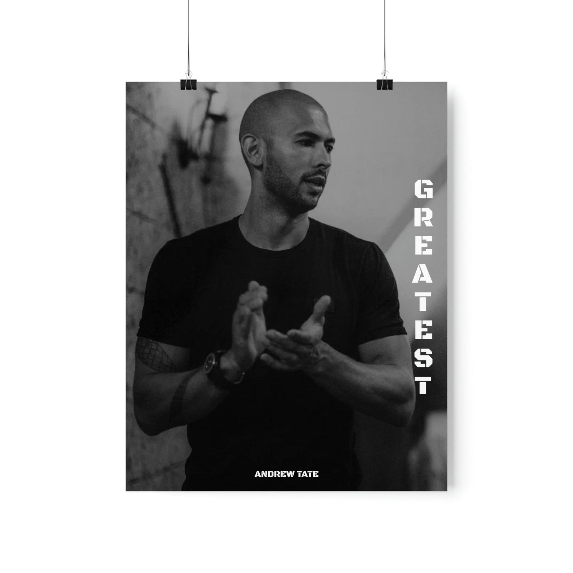 Stay motivated to achieve greatness with an Andrew Tate motivational poster featuring the quote 'Greatest.' Available worldwide in various sizes and at affordable prices.