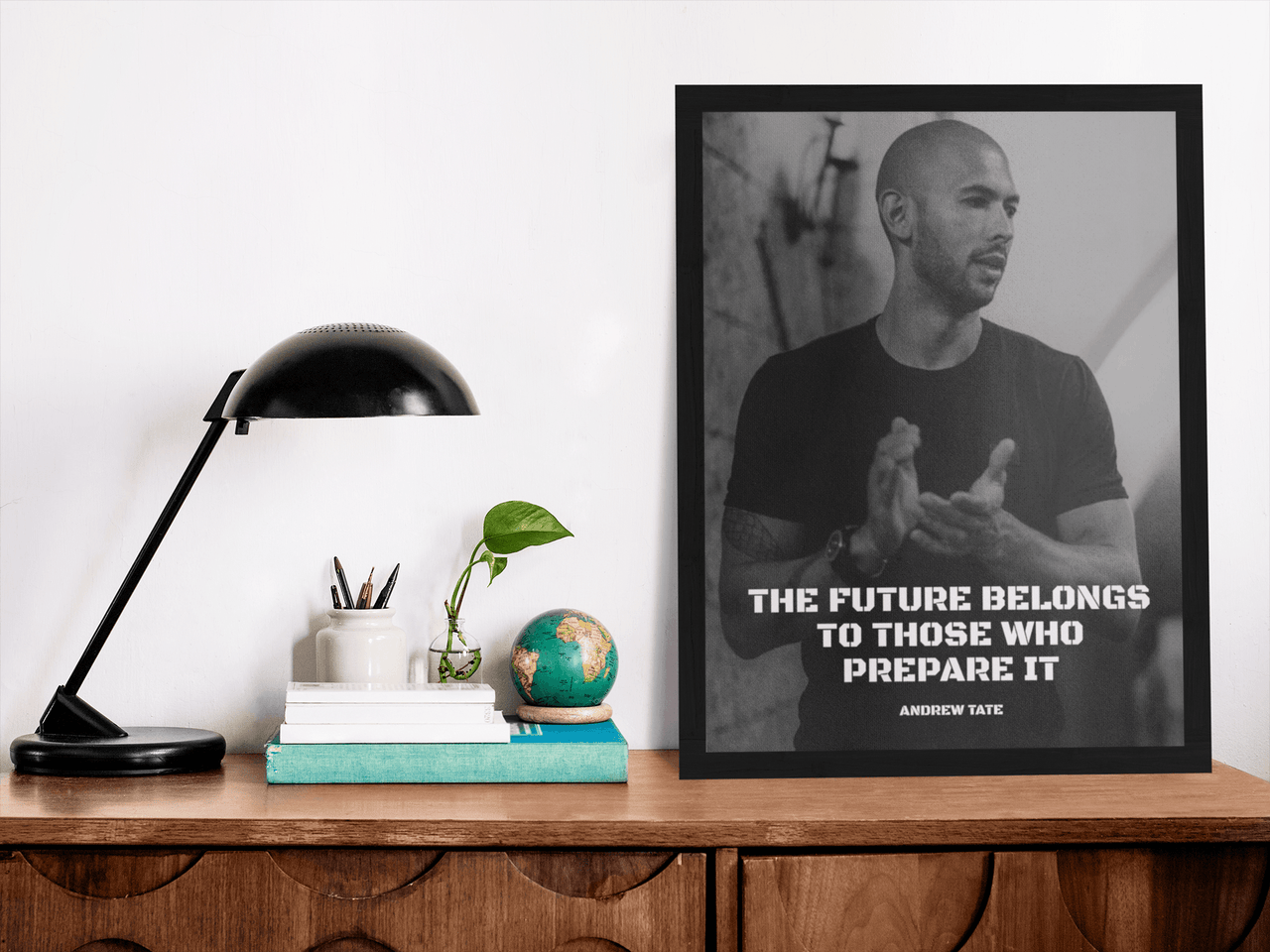 Stay motivated to prepare for the future with an Andrew Tate poster featuring the quote 'The future belongs to those who prepare it.' Available in various sizes and at low prices for worldwide shipping