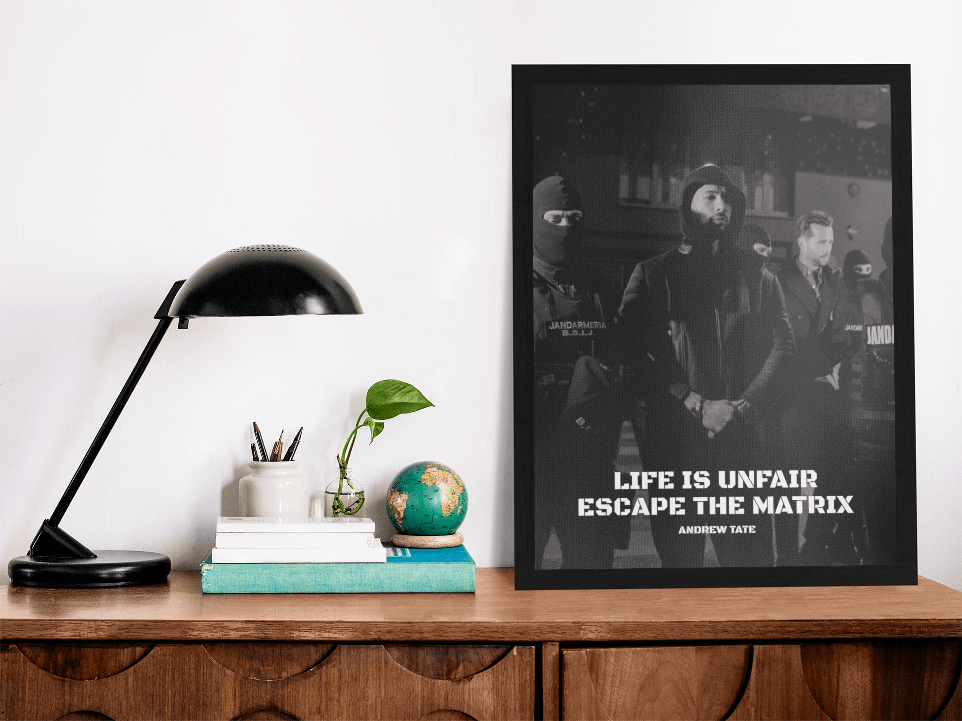 Add some inspiration to your home or office with an Andrew Tate poster featuring the quote 'Life is unfair, escape the matrix.' Choose from a range of sizes and enjoy cheap prices and worldwide delivery.