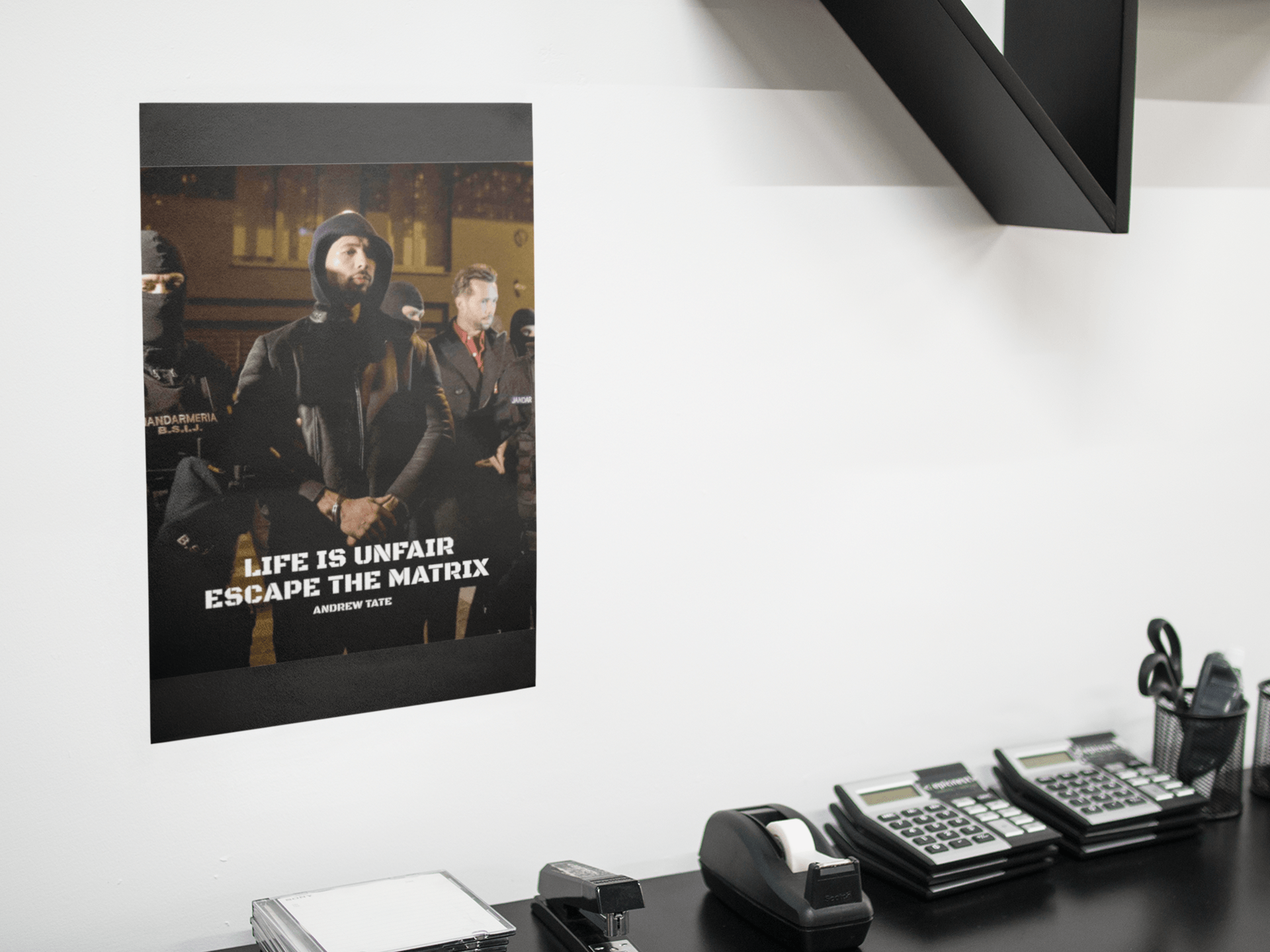 Add some inspiration to your home or office with an Andrew Tate poster featuring the quote 'Life is unfair, escape the matrix.' Choose from a range of sizes and enjoy cheap prices and worldwide delivery.