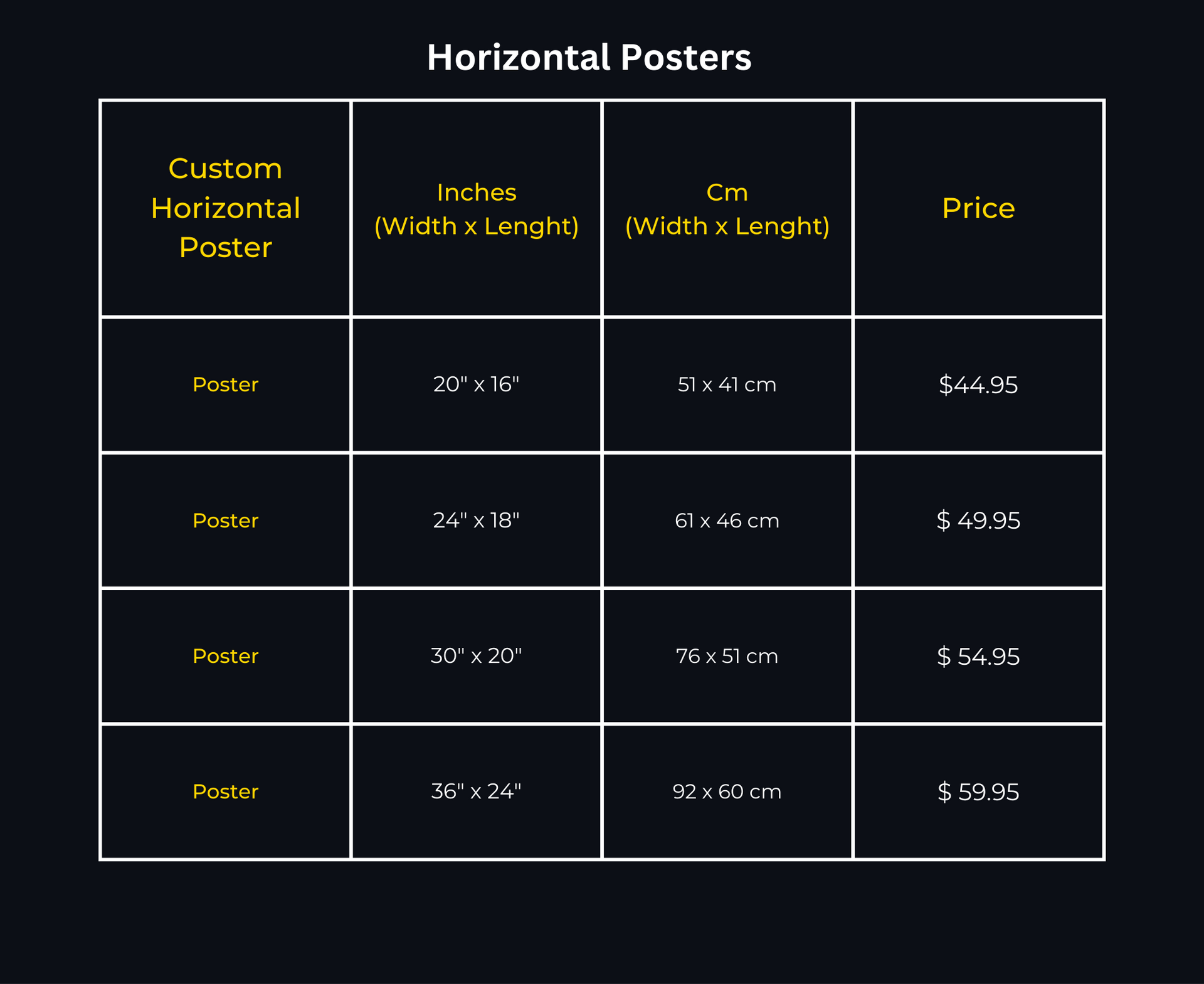 Custom Horizontal Posters with Sizes and Prices
