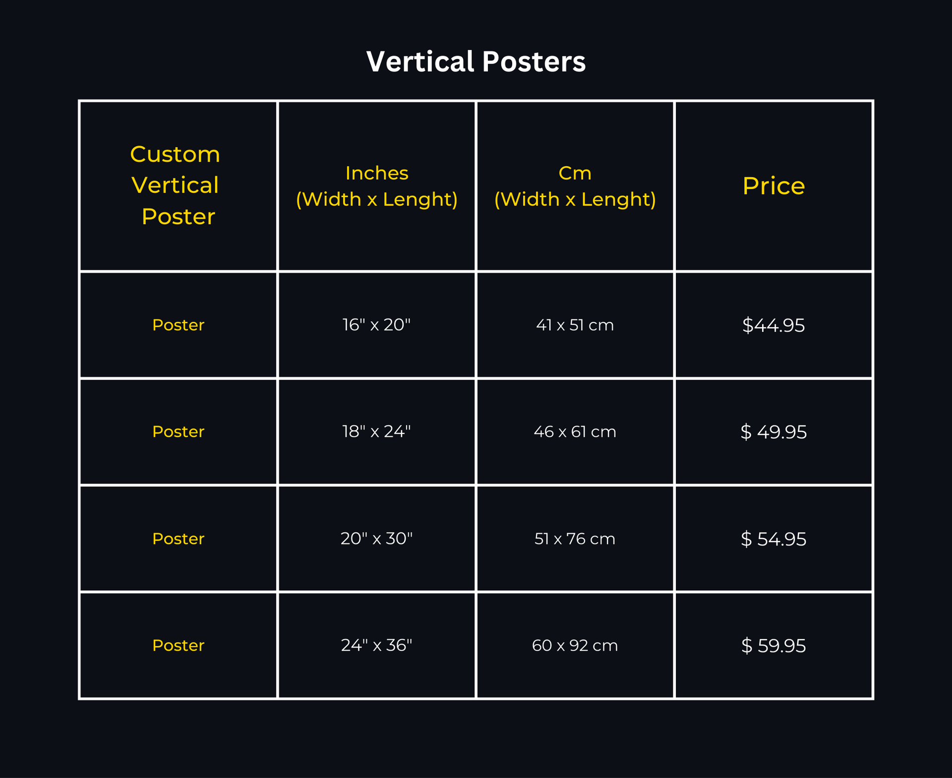 Vertical Custom Posters Table with price and sizes