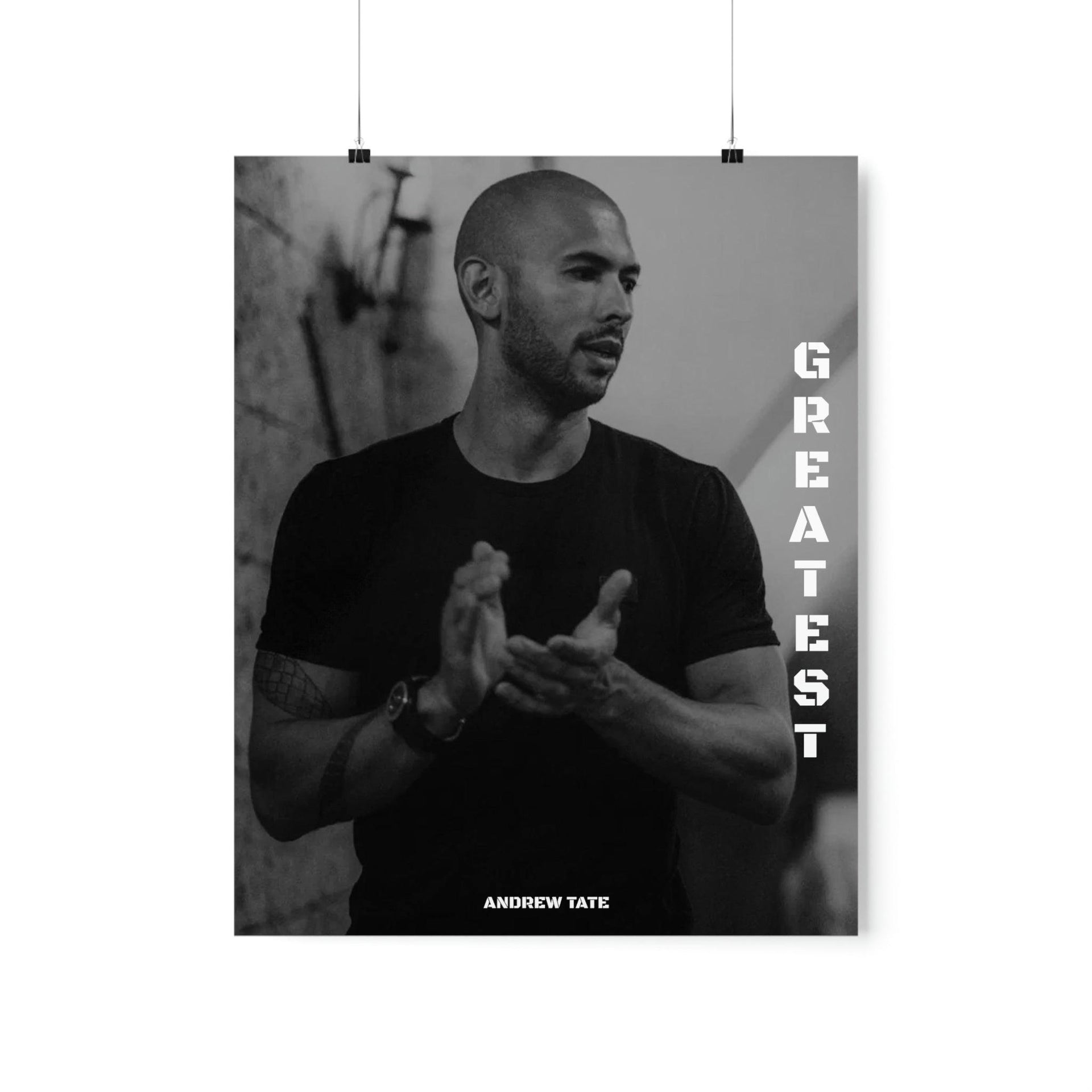 Stay motivated to achieve greatness with an Andrew Tate motivational poster featuring the quote 'Greatest.' Available worldwide in various sizes and at affordable prices.